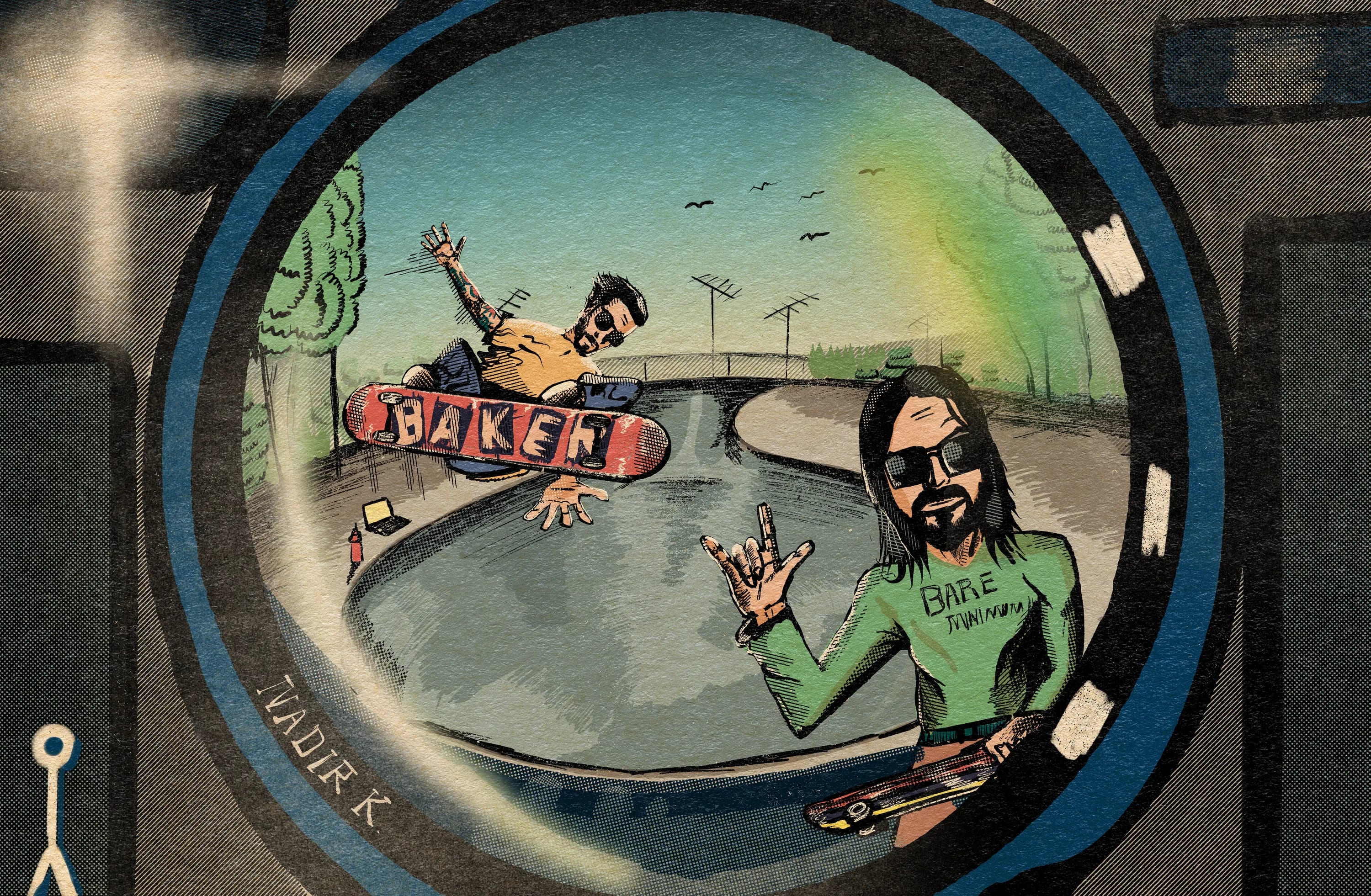 LoFi Baker, a skateboarding illustration seen through a fisheye camera lens