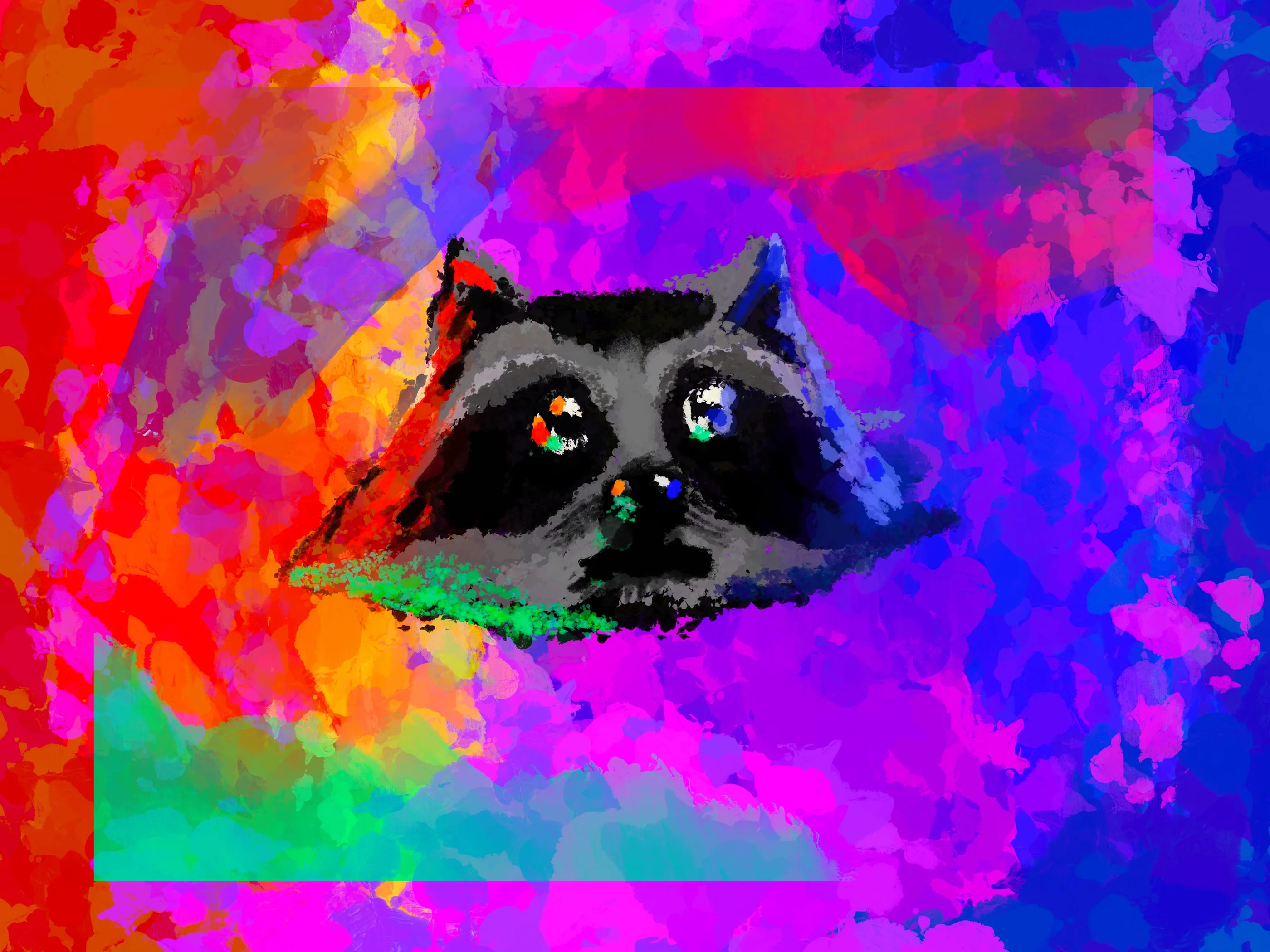 A raccoon face painted in vivid color splashes